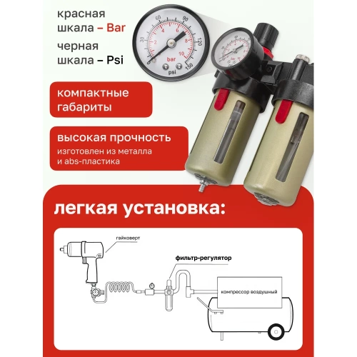 Блок подготовки воздуха 3/8" фильтр-регулятор+лубрикатор (10 Мк, 1400 л/мин, 0-10 bar, рабочая температура 5-60°) Forsage F-BFC3000(54468) фото 6
