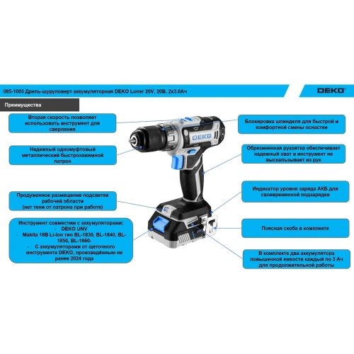 Аккумуляторная дрель-шуруповерт DEKO Loner 20V, 20В, 2x3.0 Ач 085-1005 фото 5