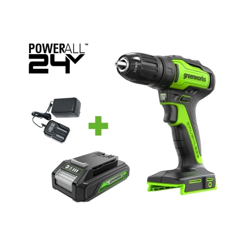 Бесщеточная дрель-шуруповерт GreenWorks GD24DD35, 24В, 29/35 Нм, 1x2Ач,ЗУ, 3704007VUA