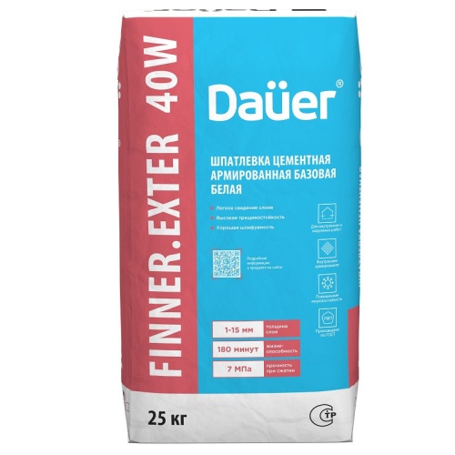 Шпатлевка цементная базовая Dauer Finner Exter 40 W армированная белая 25 кг фото 3