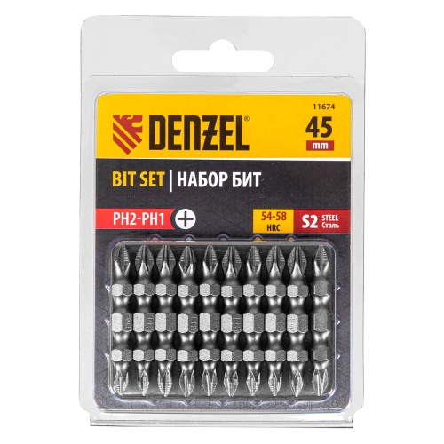 Бита двухсторонняя, PH2-PH1 х 45 мм, сталь S2, 10 шт. Denzel фото 2