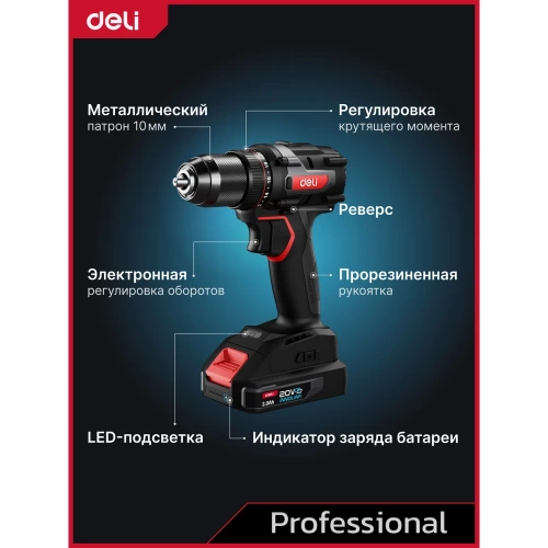 Дрель-шуруповерт аккумуляторная ударная DELI DE-CZ20-2D2 2 акб, 20В х 2Ач, ЗУ, 10мм, 50Нм, сумка 164330 фото 5