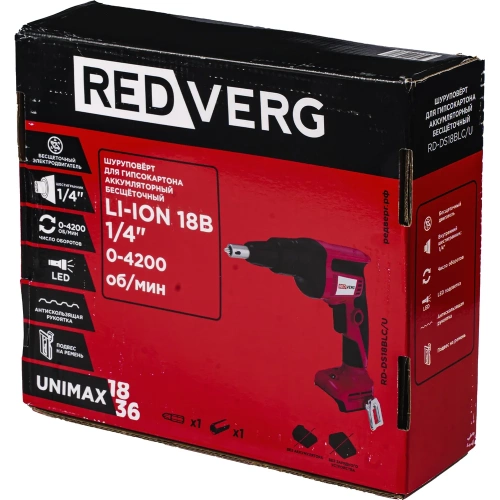 Шуруповерт для гипсокартона аккумуляторный бесщеточный REDVERG RD-DS18BLC/U (без акк, без з/у) 6689104 фото 11
