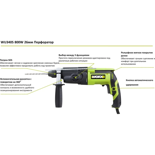 Перфоратор WORX Professional WU340S 800Вт, 26мм, 3Дж, кейс WU340S фото 3