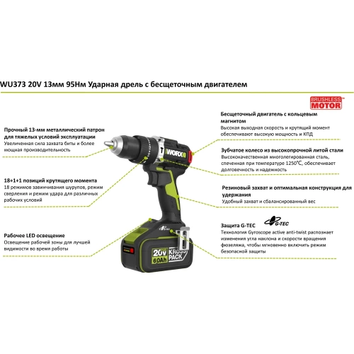 Аккумуляторная ударная дрель-шуруповерт WORX Professional WU373.91 фото 3